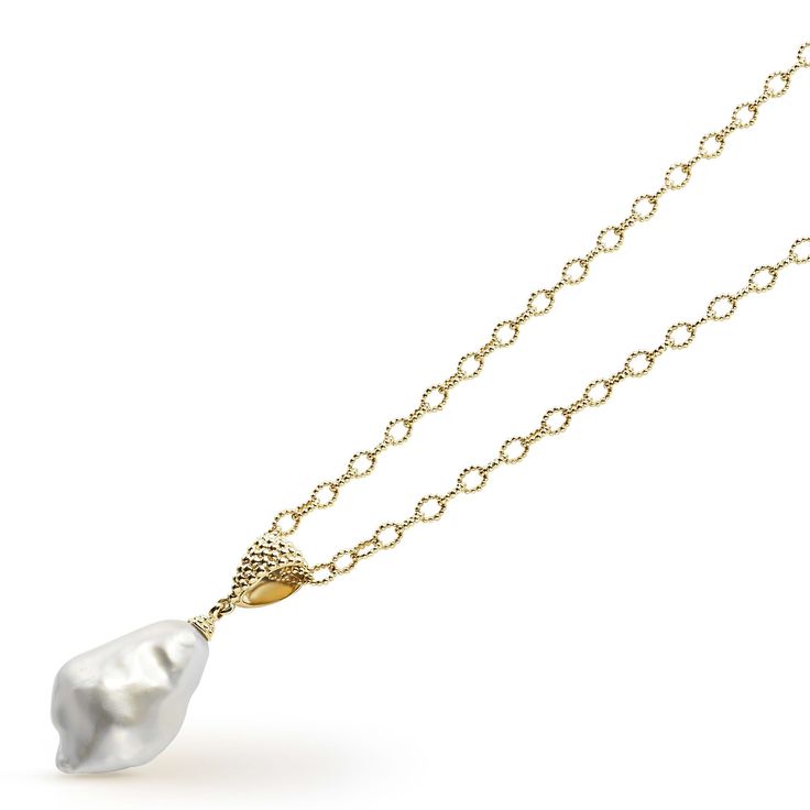 A timeless cultured freshwater baroque pearl pendant finished on an 18K Gold link necklace. Baroque Pearl Pendant, Gold Link Necklace, Baroque Pearl Necklace, Gold Link, Link Necklace, Baroque Pearls, Pearl Pendant, Pearl Necklace, 18k Gold