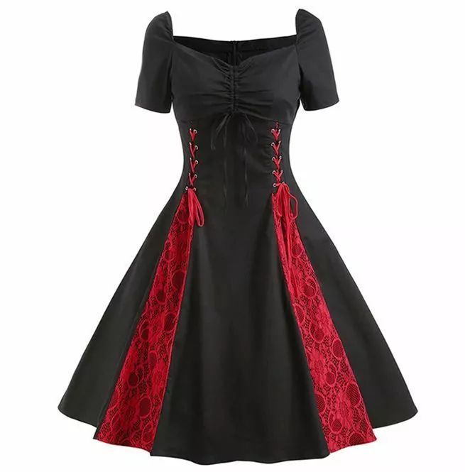 Our dress is a knee-length a-line style made from a combination of cotton and spandex materials.   It features a v-neckline, short regular sleeves, and lace decoration in a patchwork pattern. The waistline is empire style, and the dress is designed in a gothic fashion. T   It is a versatile dress that can be worn for various occasions such as work, casual even ts, cocktail parties, and weddings. It is also suitable for the spring and summer seasons.      * note: this item is based on asian sizes, which may result in a tag difference. Rest assured that the item you will receive is in the us size that you will order. If you need any assistance with sizing, please don't hesitate to send us an email at .     Lining: lined Closure: zipper Sleeve-length: short sleeve Material: cotton Silhouett Vestidos Pin Up, Vestidos Retro, Steampunk Dress, Robes Vintage, Dark Dress, Queen Dress, Pin Up Dresses, Vestidos Vintage, Gothic Dress