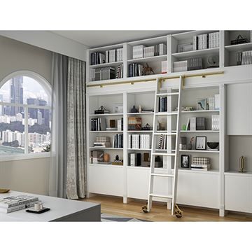 a living room with a ladder and bookshelf next to a window in front of a cityscape