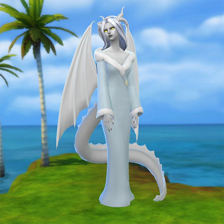 a white dragon statue standing in front of the ocean with palm trees and blue sky