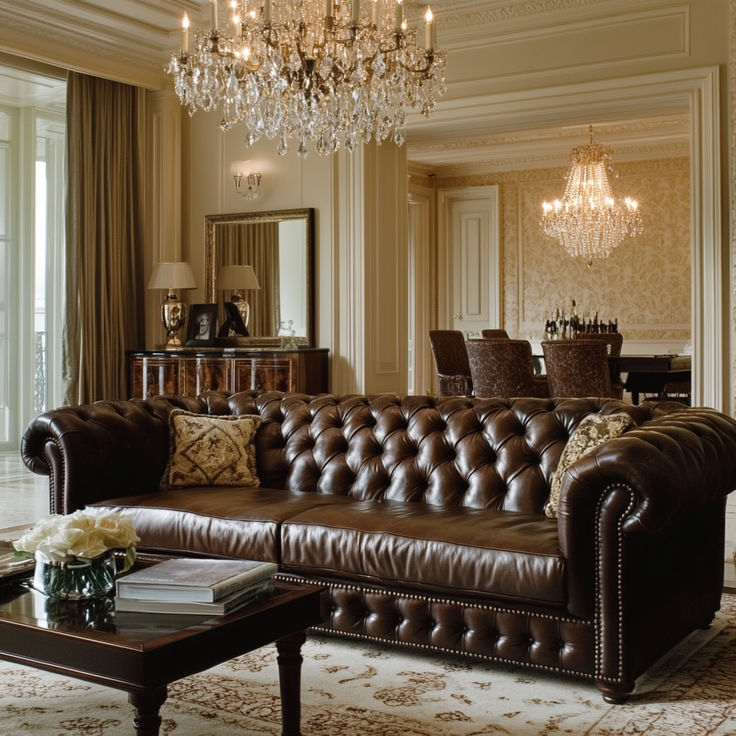 a living room filled with furniture and a chandelier