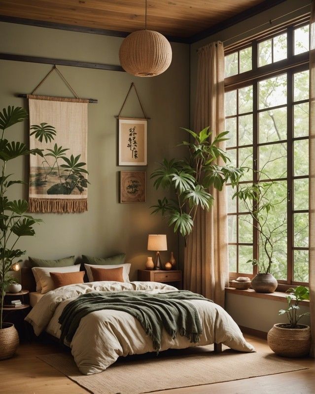 a bedroom with a bed, plants and pictures on the wall in front of it