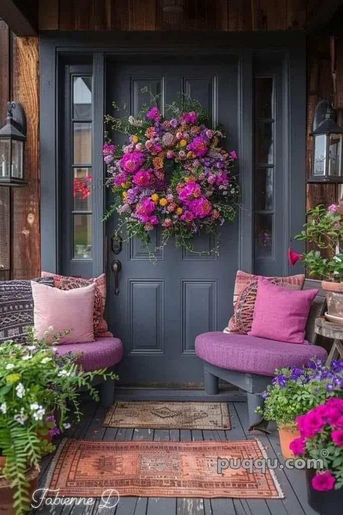 the front door is decorated with purple and pink flowers, while two chairs are on the porch