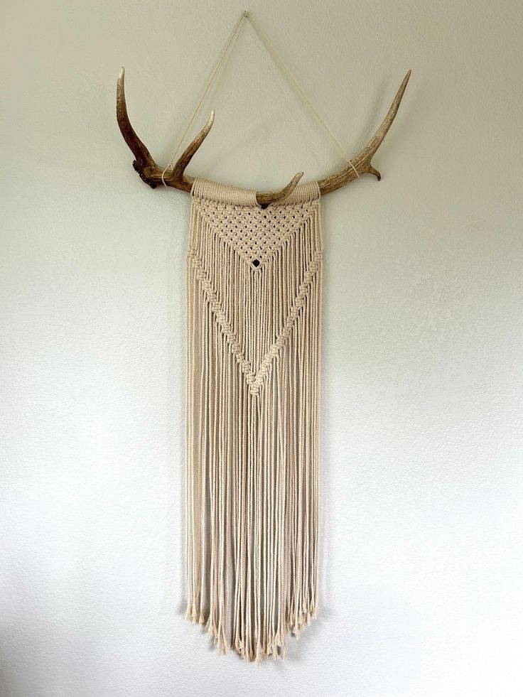 a wall hanging with deer antlers on it's side and a long rope