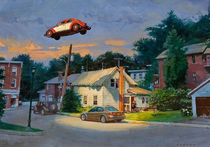 a painting of a car in the air above a street with houses and cars on it