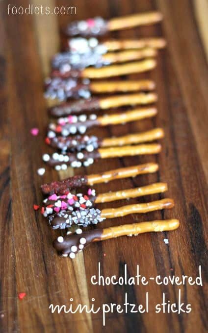 chocolate covered mini pretzel sticks with sprinkles