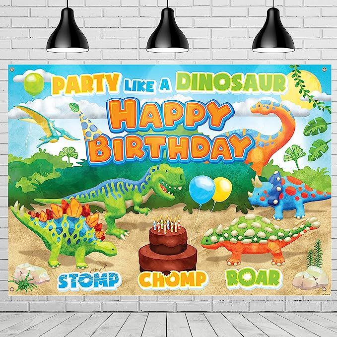 a dinosaur birthday party banner hanging on a wall with balloons and dinosaurs in the background