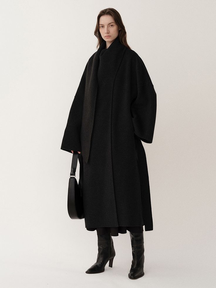 Draped Scarf Handmade Coat - Dark Melange Wool Scarf Outfit, Long Black Coat Outfit, Black Coat Outfit, September Fashion, Dressy Casual Outfits, Prep Style, Long Black Coat, Scarf Outfit, Scarf Handmade