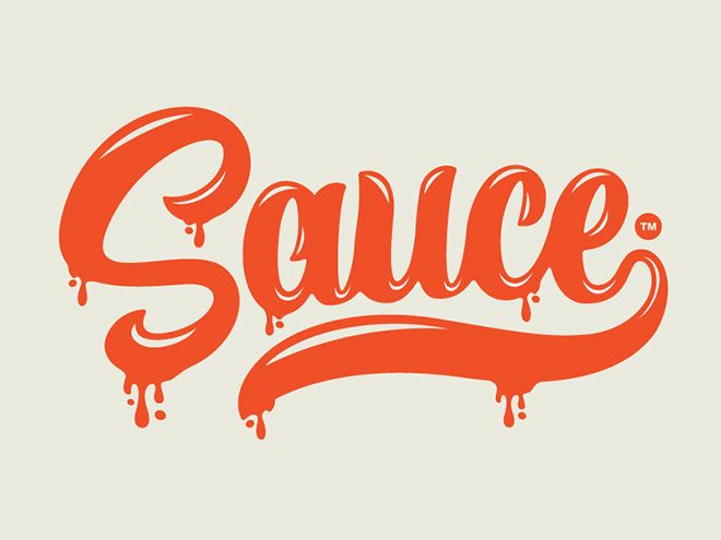 the word sauce painted in orange on a white background