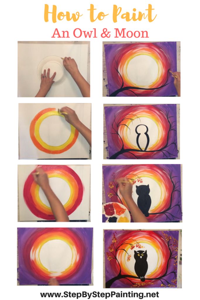 step by step instructions on how to paint an owl and moon art project for kids