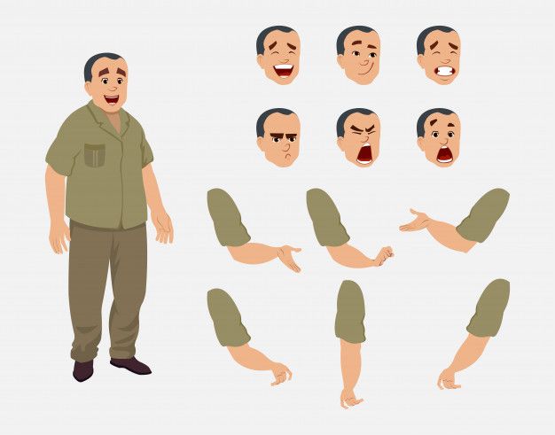 an animated man with various facial expressions and gestures, including his hands out to the side