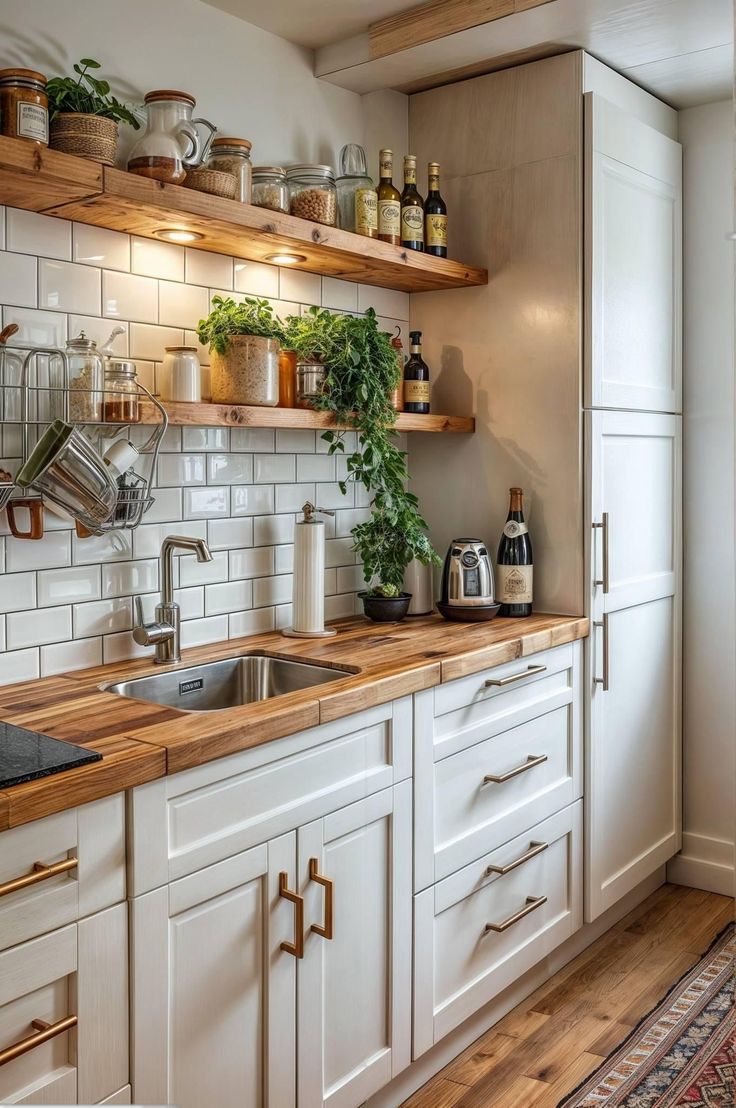 a kitchen with white cabinets and wooden counters