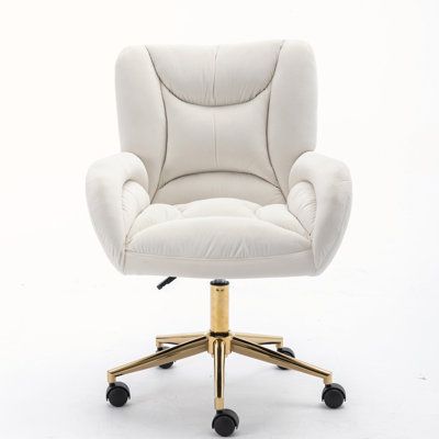 a white office chair with gold wheels on a white background