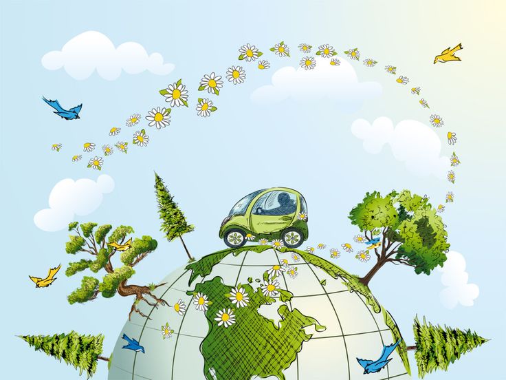 a green car is driving on top of the earth with trees and flowers around it