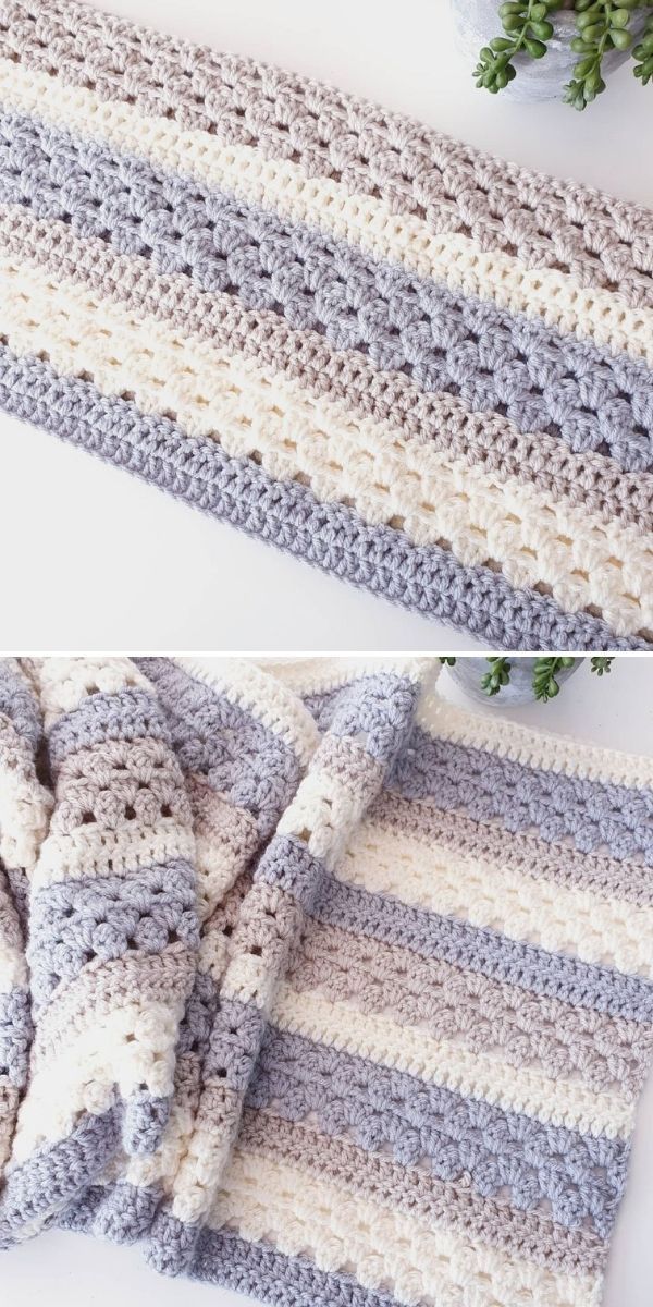 crocheted blanket made with two different colors, one is white and the other is gray