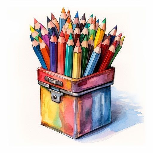 colored pencils are in a box on a white background with watercolor paint effect