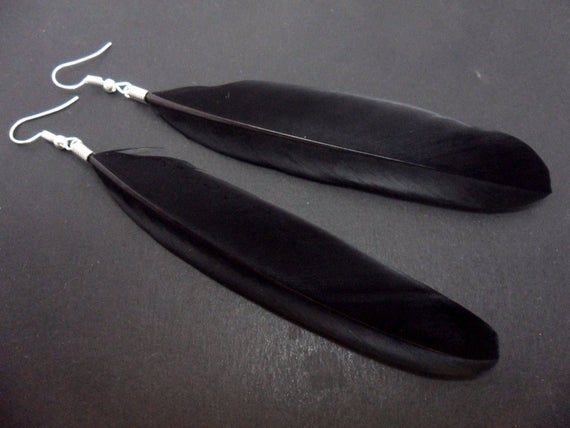 A pair of long black feather dangly earrings. Beaded Bookmarks, Silver Owl, White Feathers, Black Feathers, Dangly Earrings, Jade Beads, Feather Earrings, Pink Crystal, Long Black