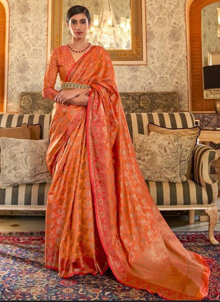 Beautiful orange silk saree comes with Blouse piece Sarees For Engagement, Orange Silk Saree, Saree Sabyasachi, Sari Wedding, Sari Traditional, Bridal Sari, Saree Bollywood, South Silk Sarees, Silk Sarees With Price