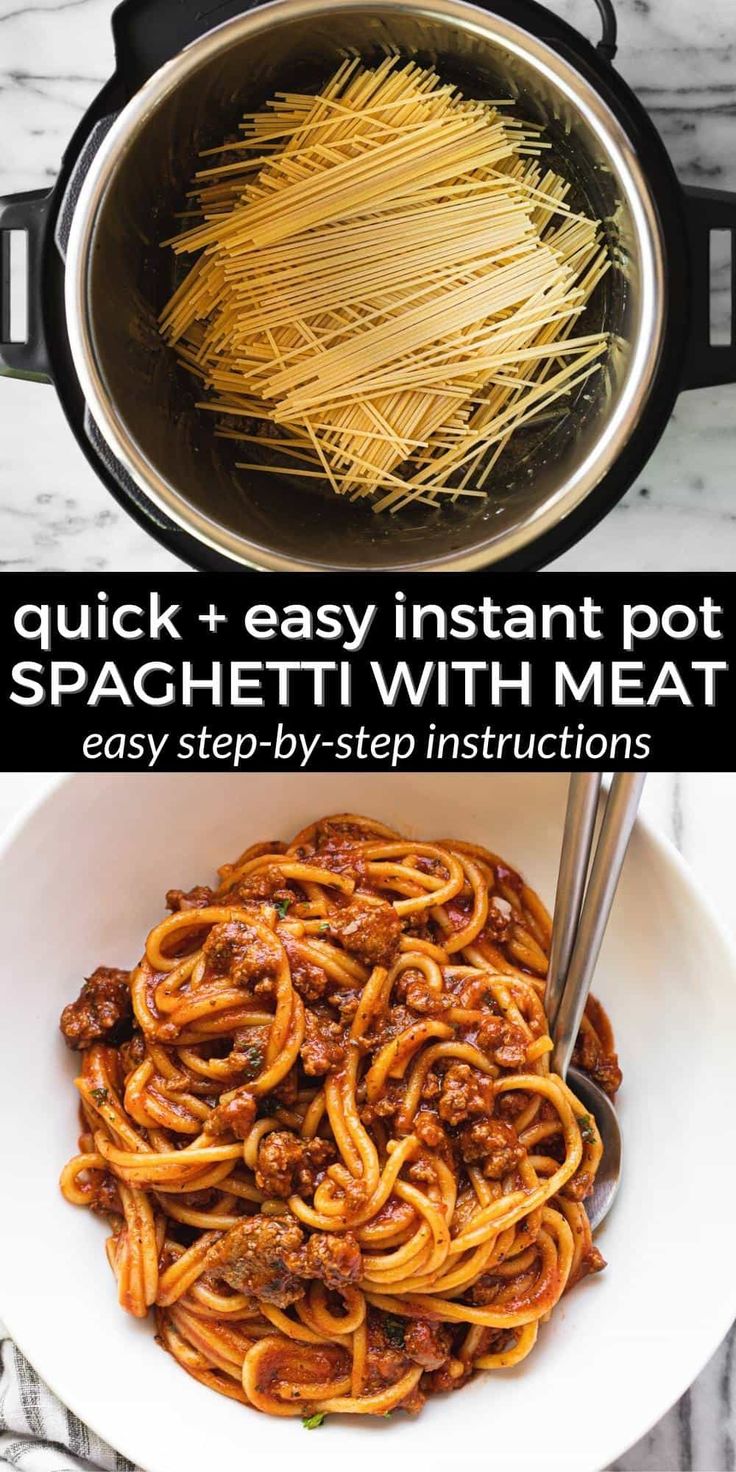 spaghetti with meat in a skillet next to an image of the same pasta being cooked