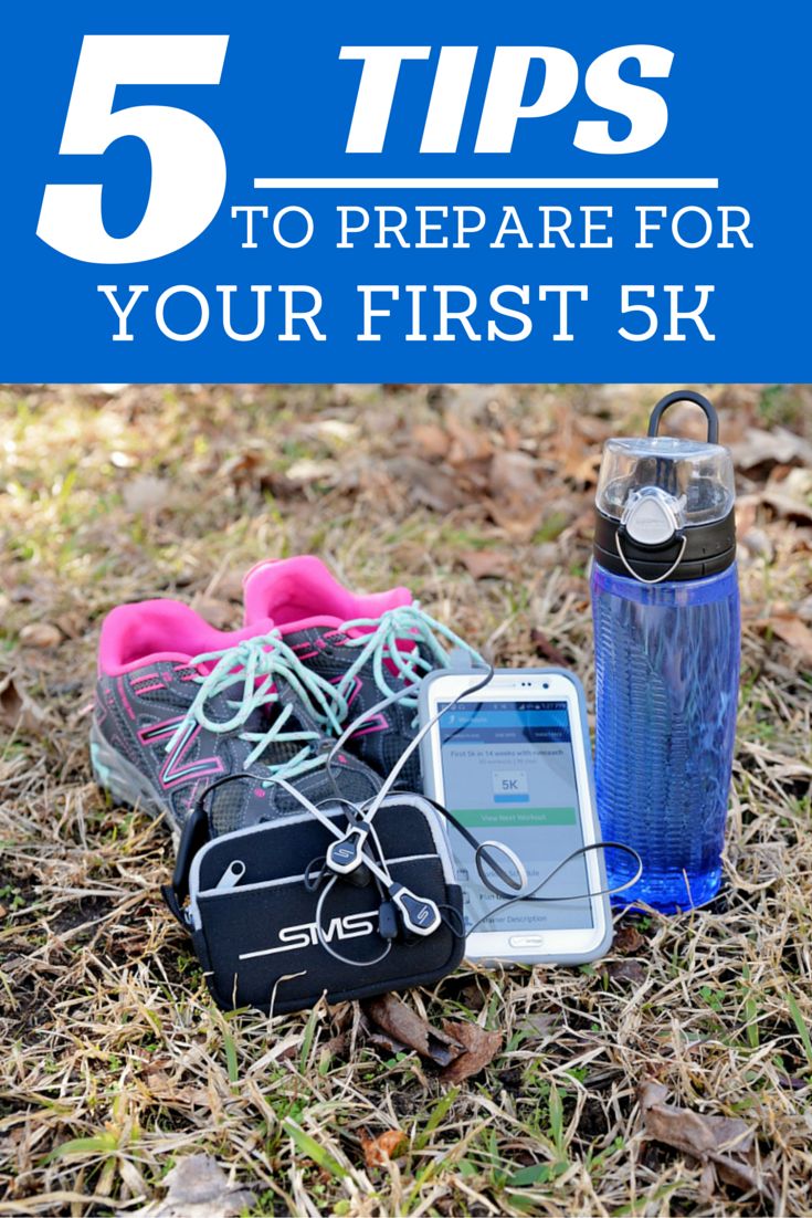 a pair of running shoes, water bottle and cell phone on the ground with text overlay that reads 5 tips to prepare for your first 5k