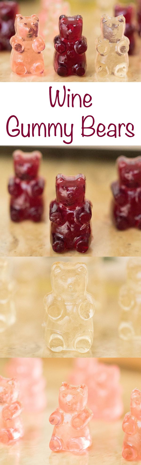 there are many small gummy bears on the table with words above them that read wine gummy bears