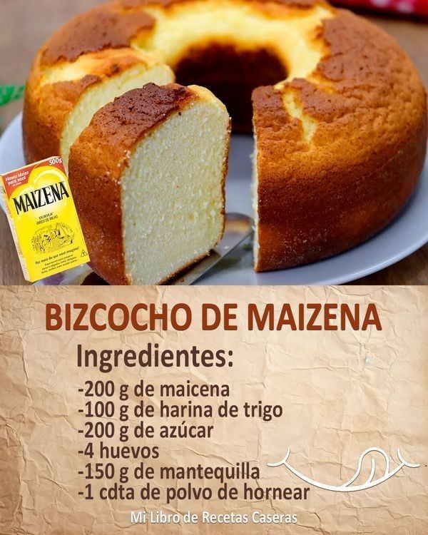 a cake with a piece missing from it sitting on a plate next to a sign that says bizcocho de mazena