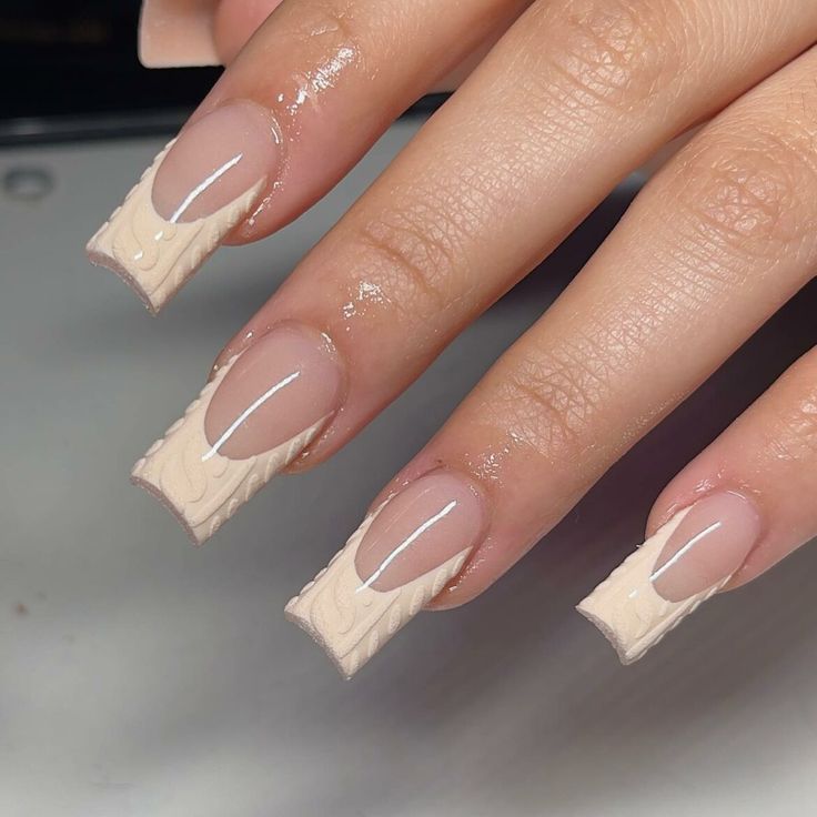 Coffin French Tips, Coffin French Tip, Tip Nail Designs, Beige Nails Design, Coffin French, Latest Nail Designs, French Tip Nail Designs, Nail Pops, Sweater Nails