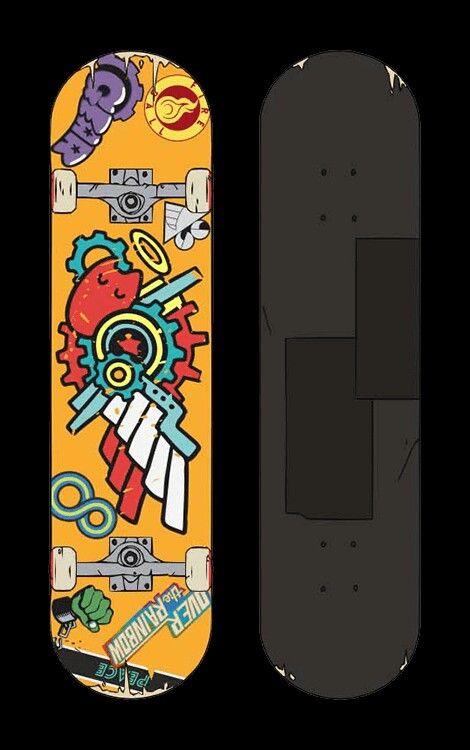 a skateboard with an image of a bird on the front and back sides, against a black background