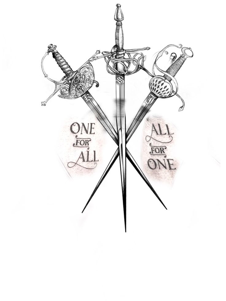 three swords with the words all for one on them