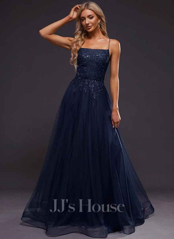 A-line Straight Floor-Length Tulle Prom Dresses With Sequins (018289790) Blue Grad Dresses, Midnight Blue Prom Dresses, 8th Grade Prom Dresses, Winter Prom Dresses, Flowy Prom Dresses, Navy Prom Dresses, Tulle Prom Dresses, Navy Blue Prom Dresses, Sparkly Prom Dresses