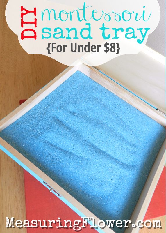 a blue sand tray with the words diy montessoi sand tray for under $ 8