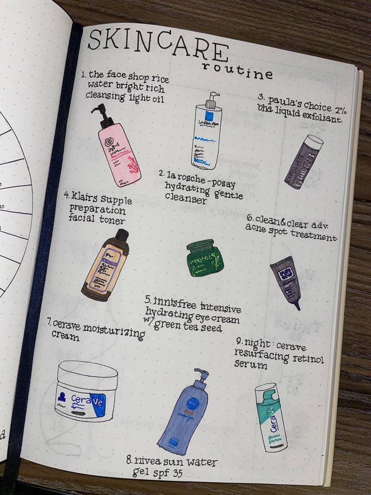 an open notebook showing the contents of skin care products