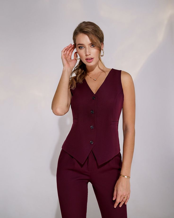 Fabric: Suit crepe diagonal Available sizes: XS, S, M, L Color: Black, Bordeaux, Camel, Red, Mustard Blazer length is 27,1 inches or 69cm Sleeve length: 62cm/ 24,4in Vest length: 47cm/ 18,5in Pants outer seam length: 100 cm/ 39,3in