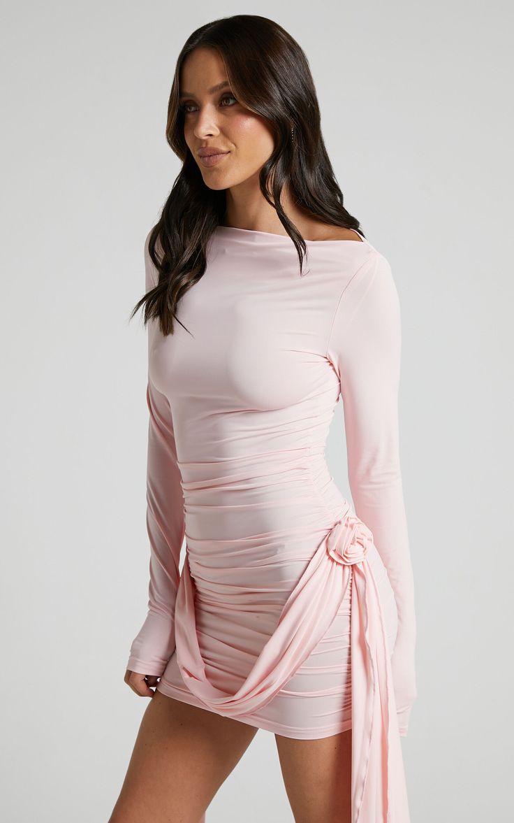 Feminine Pink Bodycon Dress For Party, Elegant Pink Ruched Mini Dress, Glamorous Pink Ruched Mini Dress, Feminine Pink Bodycon Dress For Cocktail, Feminine Pink Bodycon Cocktail Dress, Chic Pink Bodycon Prom Dress, Feminine Long Sleeve Mini Dress For Prom, Pink Ruched Bodycon Mini Dress, Glamorous Ruched Bodycon Mini Dress