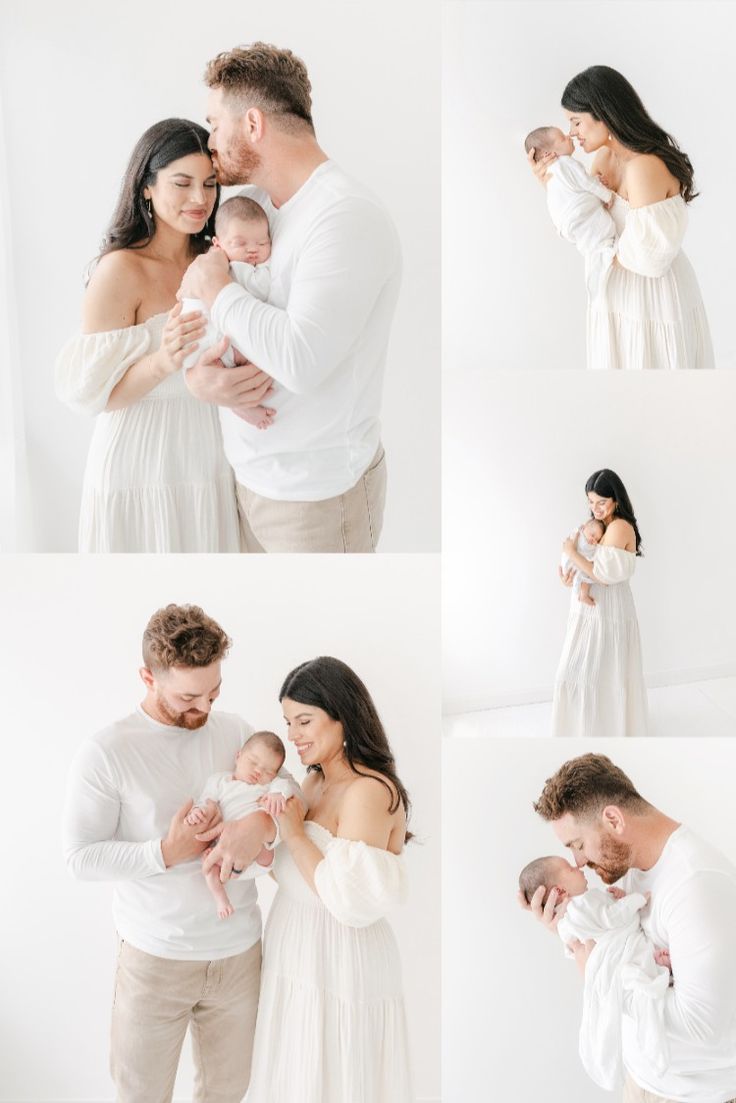 Dark headed mom and blonde headed dad pose with newborn baby, naturally, in an all white studio. Newborn Self Photography, Family Photoshoot Ideas Newborn, Newborn White Backdrop, Newborn Family Poses Studio, Newborn Photos White Background, Newborn Family Session Outfits, All White Newborn Family Photography, Simplistic Newborn Photography, Family Of 5 Photoshoot With Newborn