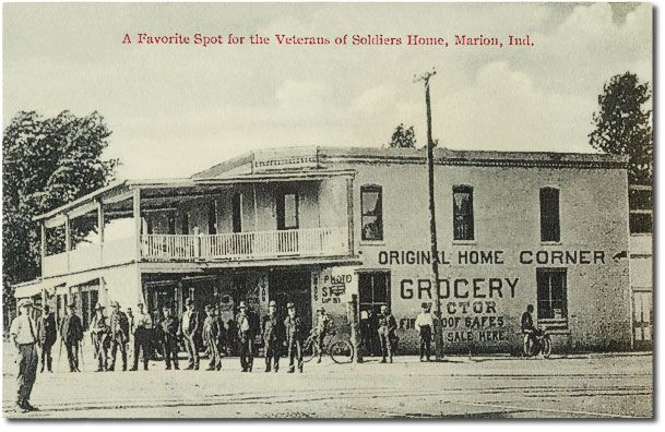 an old black and white photo of people standing in front of a building with the words crockery store on it