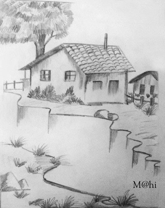 Landscape Pencil Drawings, Nature Art Drawings, Pencil Sketch Drawing, Cool Pencil Drawings, Sketches Pencil, Art Drawings Sketches Pencil, Art Sketches Pencil, Nature Drawing, Easy Drawings Sketches