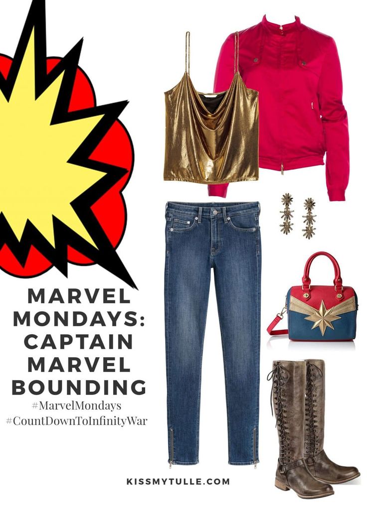 an image of a woman's clothes and accessories in the style of captain marvel