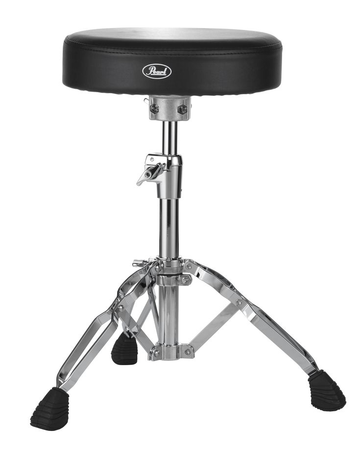 a drum stool with black padded seat and chrome hardware on an isolated white background, viewed from the front