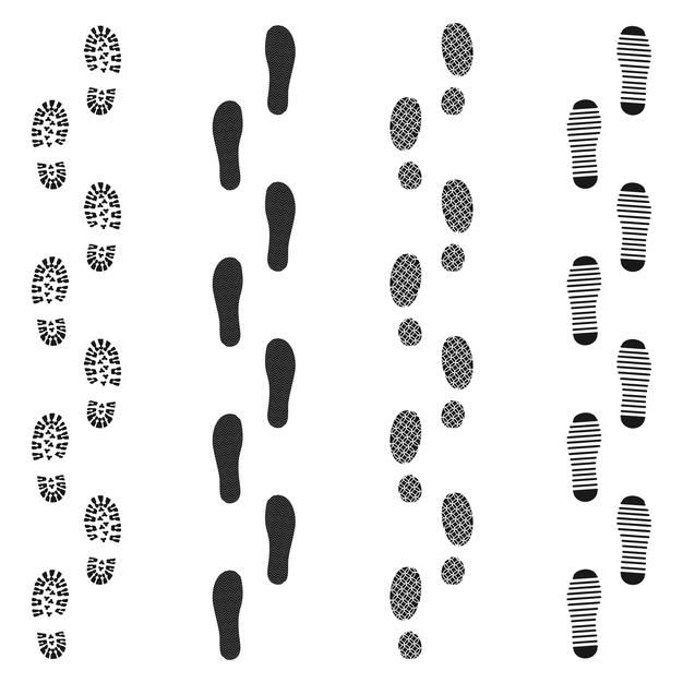 the footprints of people who are walking in different directions and sizes, all with their shoes on