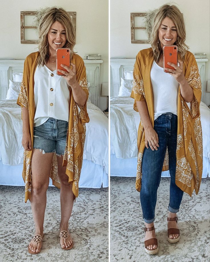 Tan Kimono Outfit, Outfit Ideas With Kimono, Kimono Teacher Outfit, Summer Kimono Outfit 2023, How To Wear Kimono Outfit Ideas Summer, Outfits With Kimonos Summer, Shorts With Kimono Outfit, Kimono Outfits Summer, Kimono Jeans Outfit