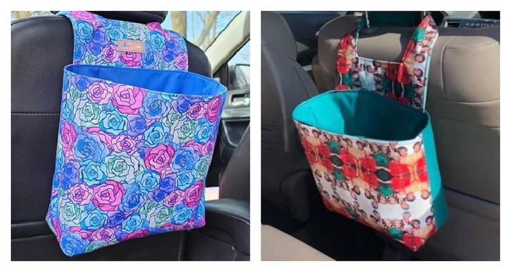 two bags in the back seat of a car, one is filled with fabric and the other has flowers on it