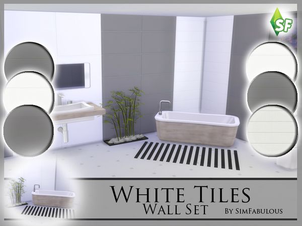 a bathroom with white tiles and black and white stripes on the floor next to a bathtub