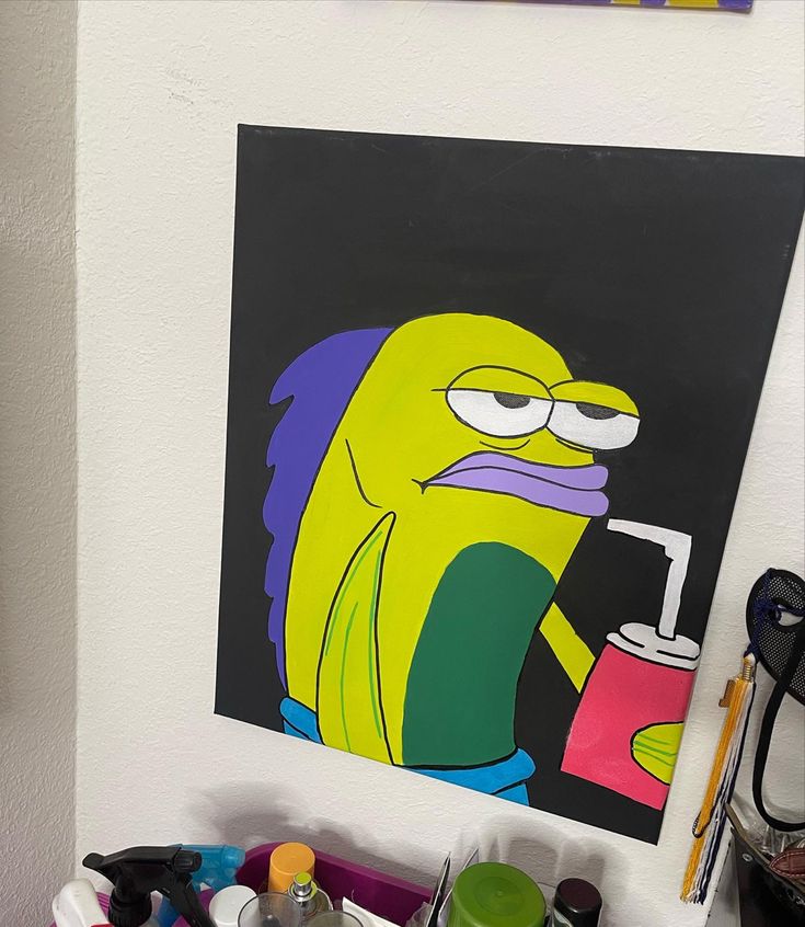 the simpsons character is holding a can of soda in his hand and painting on the wall