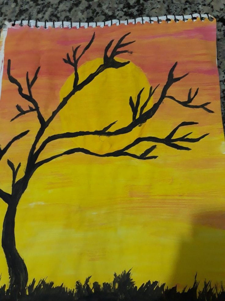 a drawing of a tree with the sun setting in the background and yellow sky behind it