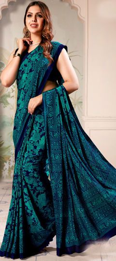 Blue color Saree in Crepe Silk fabric with Floral, Printed work Blue Color Saree, Festive Saree, Party Wear Traditional, Engagement Reception, Reception Lehenga, Floral Work, Traditional Sarees, Party Wear Sarees, Blouse Length