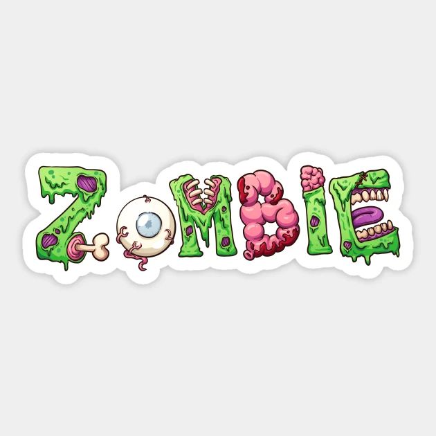 the word zombie written in green and pink with an evil face sticking out of it