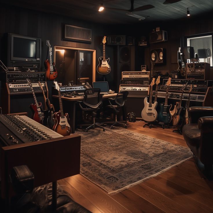 a room filled with musical instruments and guitars