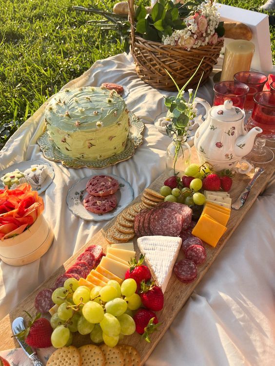 an assortment of cheeses, meats and fruit on a picnic table with flowers