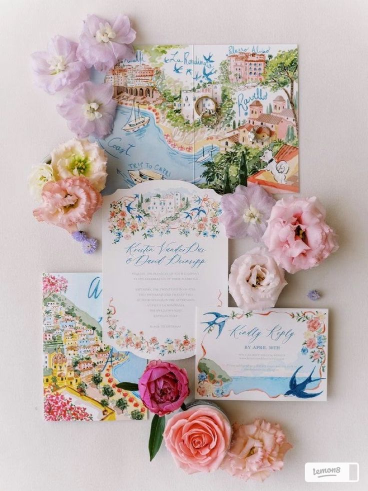 the wedding stationery is decorated with pink flowers and blue watercolors, including peonies